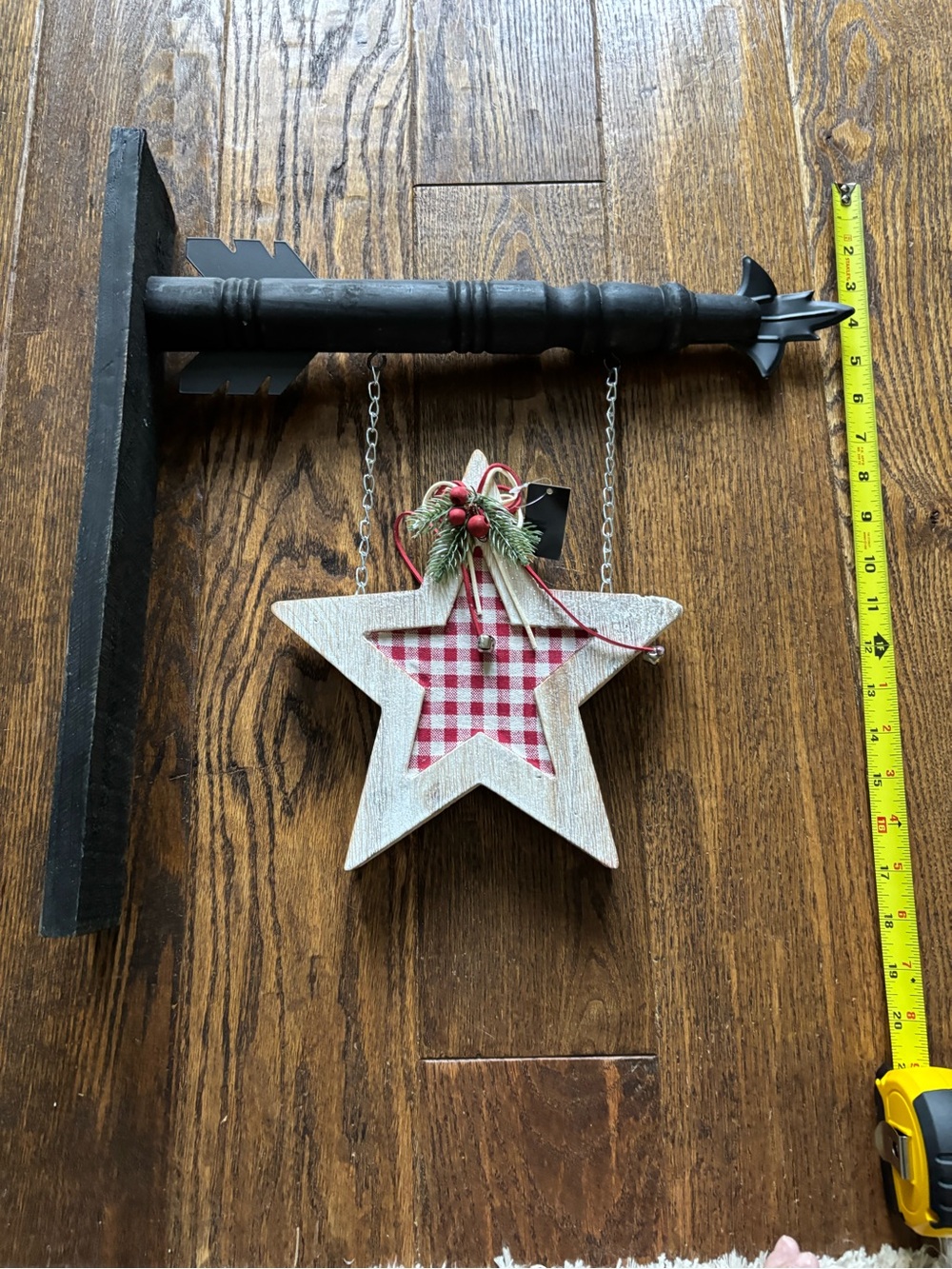 Rustic White Star Hanging Wall Decor with Red Gingham Accent
